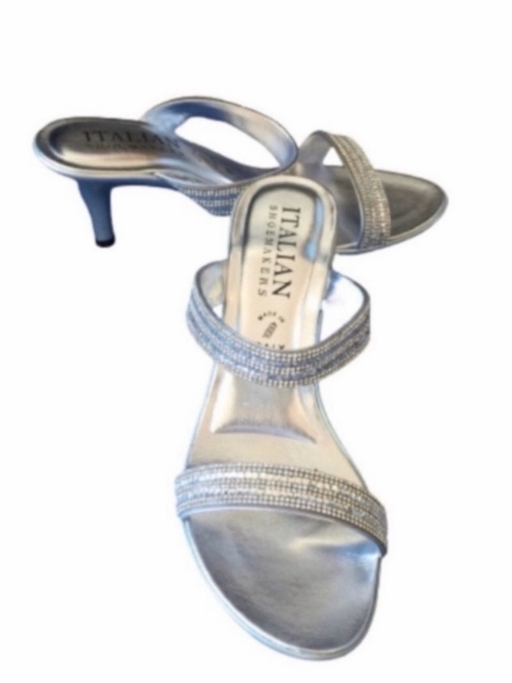 ITALIAN SHOEMAKERS Mule Heels Silver Rhinestone Fabiola Wedding Prom Sandals 10M - Picture 3 of 16